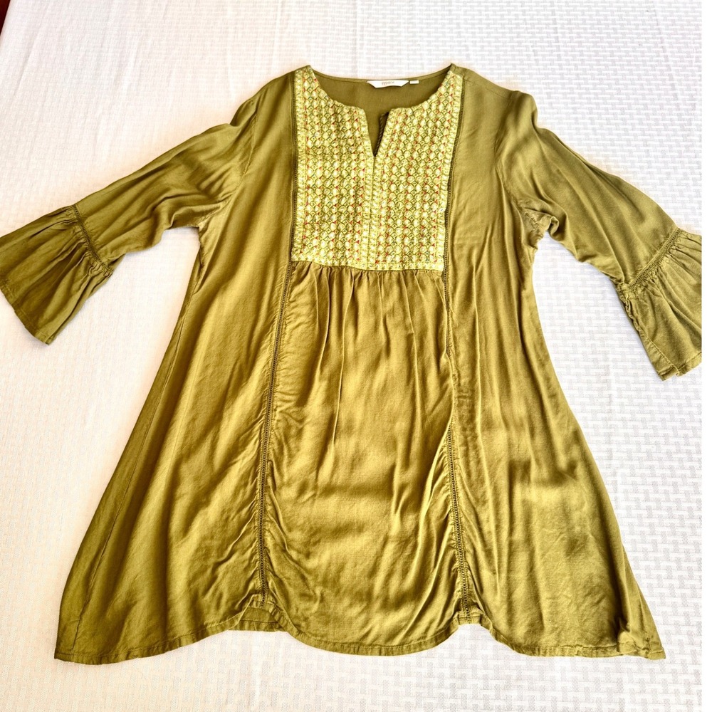 Max Olive Green Embroidered Mirror Work Boho Tunic Bell Sleeve Top XL